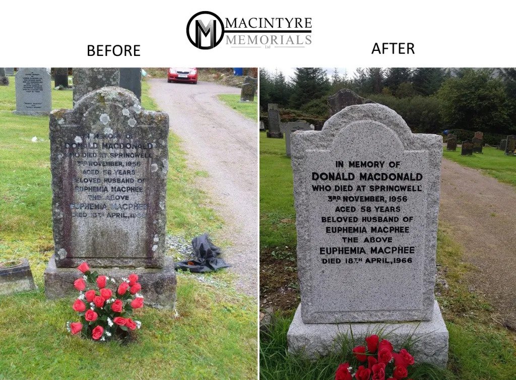 Before and after comparison of headstone renovation. 